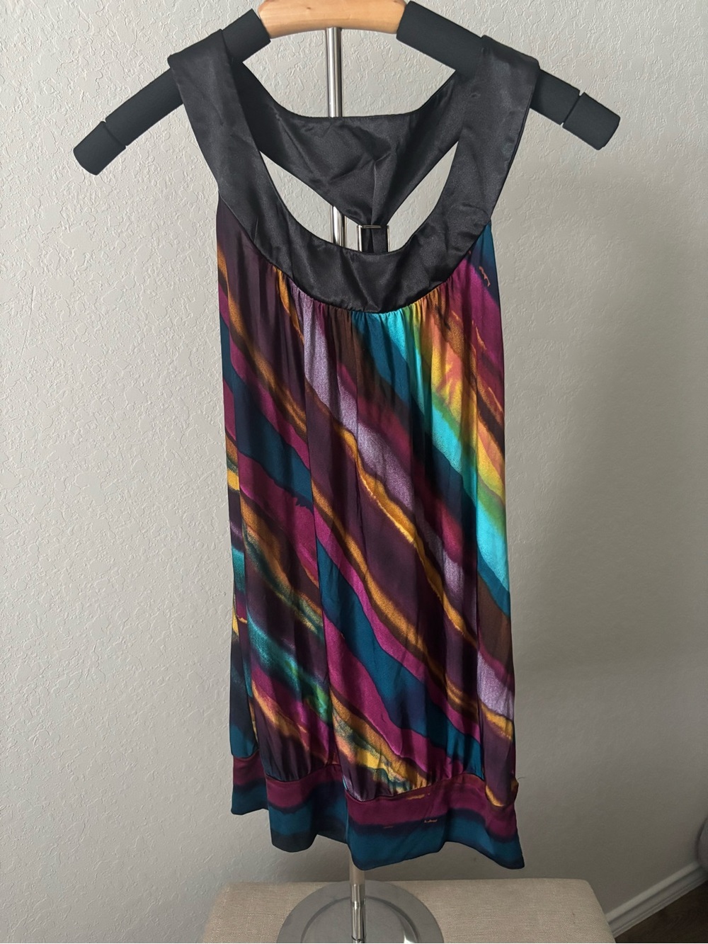 Vintage Y2K HeartSoul Satin Halter Top Multicolor Abstract Stripe Bubble Hem Med